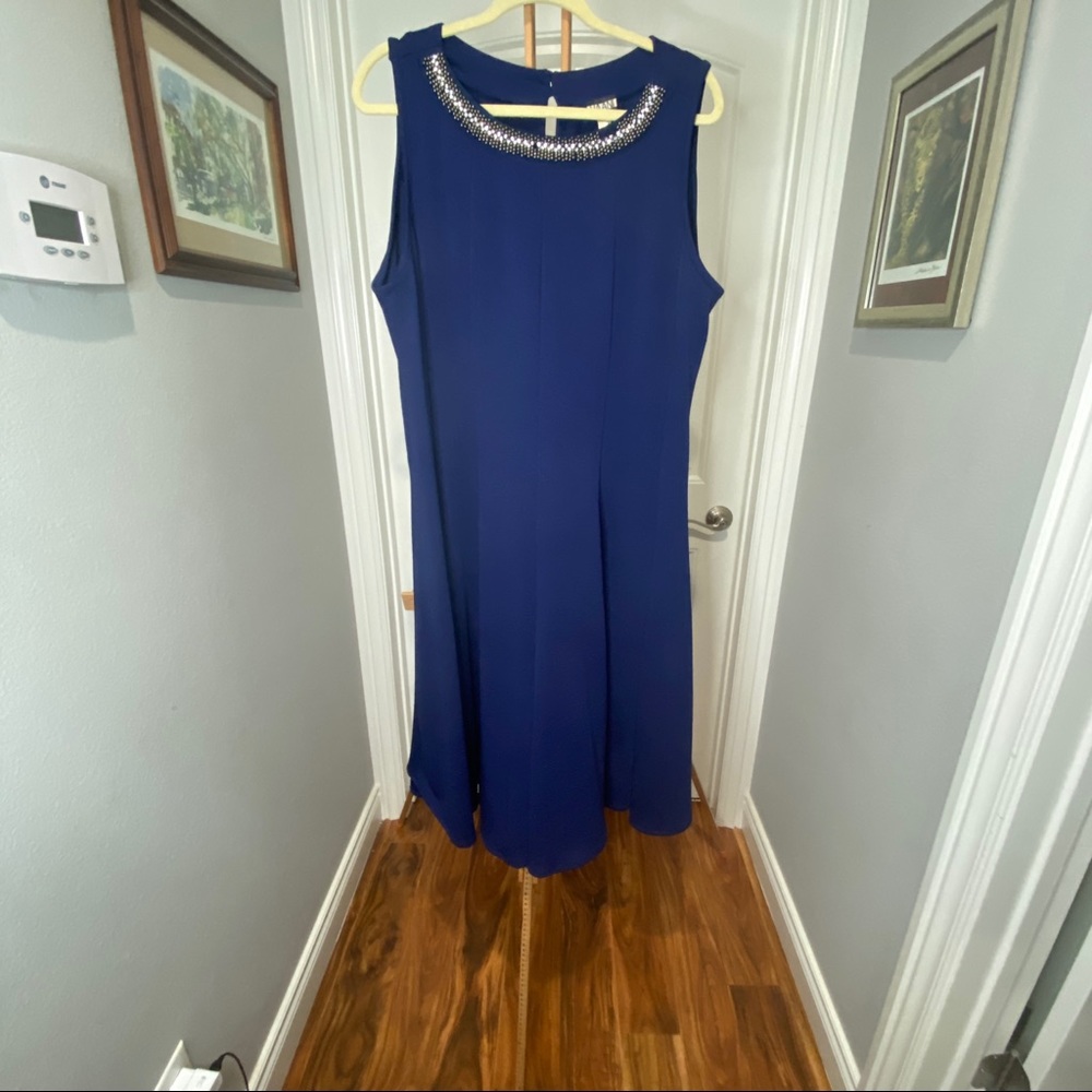 Blue sleeveless dress w/ beaded neckline